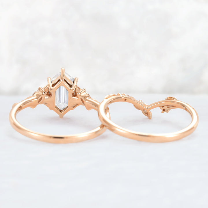 Nature Inspired Hexagon Cut Moissanite Leaf Gemstone Ring Set 2pcs