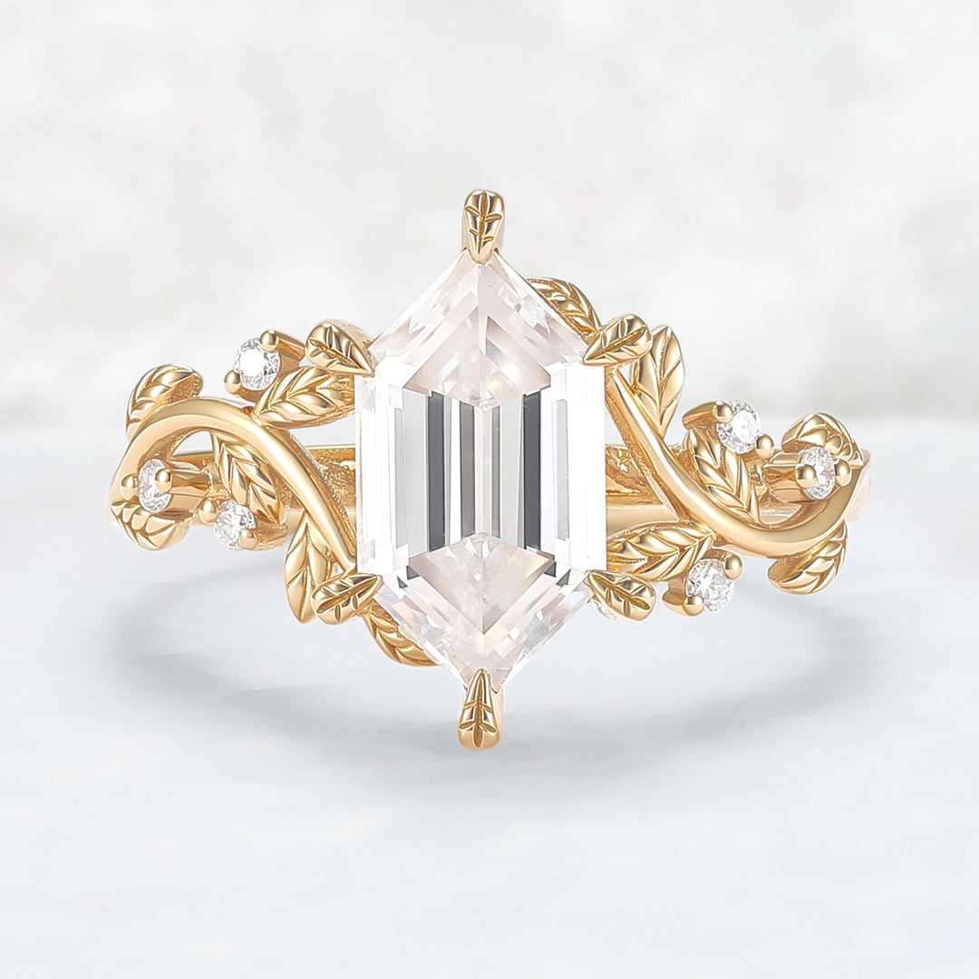 Nature Inspired Hexagon Cut Moissanite Leafy Engagament Ring