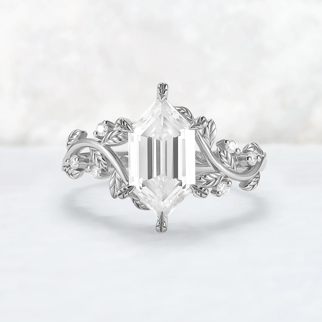 Nature Inspired Hexagon Cut Moissanite Leafy Engagament Ring