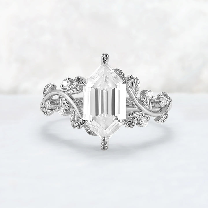 Nature Inspired Hexagon Cut Moissanite Leafy Engagament Ring
