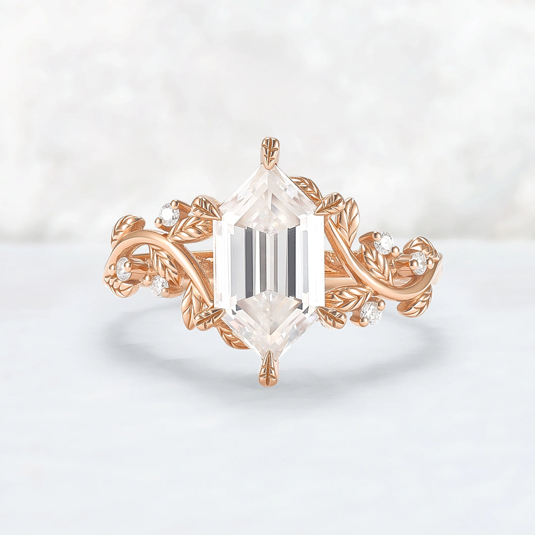 Nature Inspired Hexagon Cut Moissanite Leafy Engagament Ring