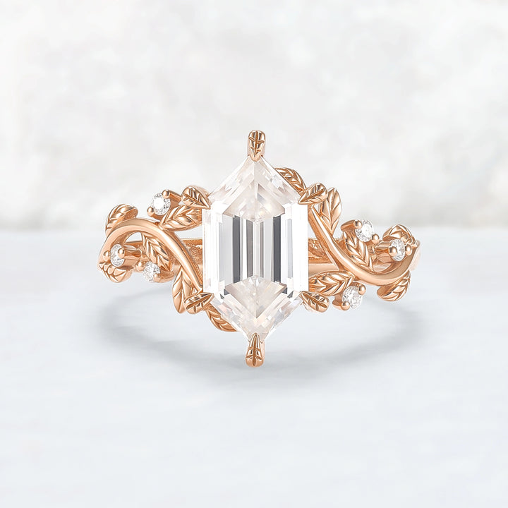 Nature Inspired Hexagon Cut Moissanite Leafy Engagament Ring