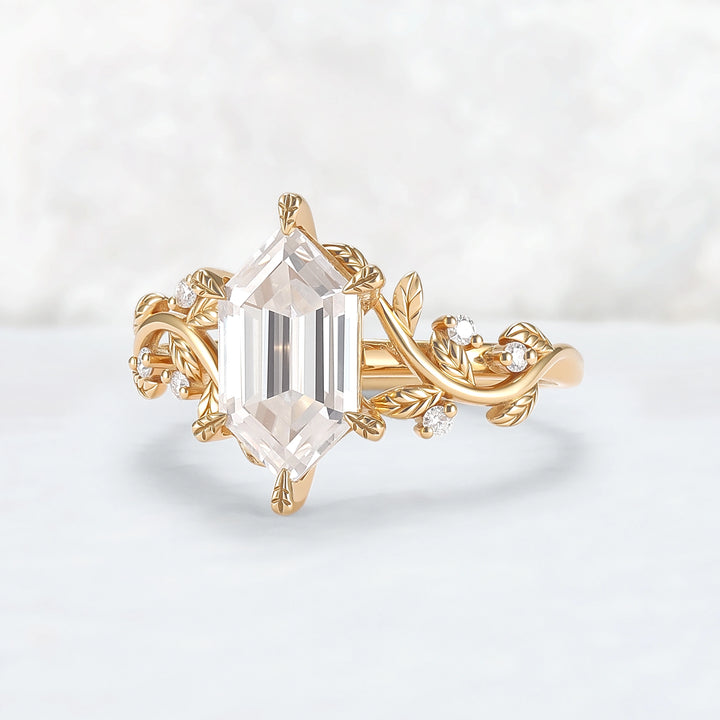 Nature Inspired Hexagon Cut Moissanite Leafy Engagament Ring