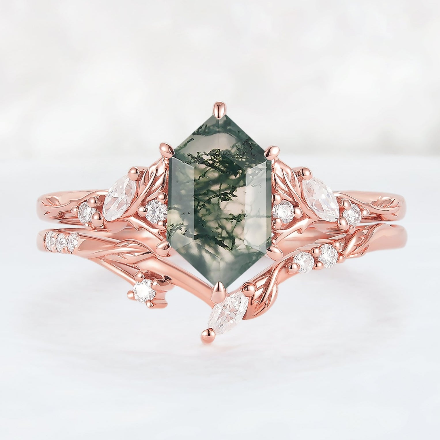 Nature Inspired Hexagon Cut Moss Agate Leaf Engagement Ring Set 2pcs-1