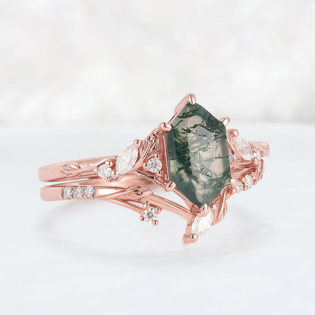Nature Inspired Hexagon Cut Moss Agate Leaf Engagement Ring Set 2pcs-2