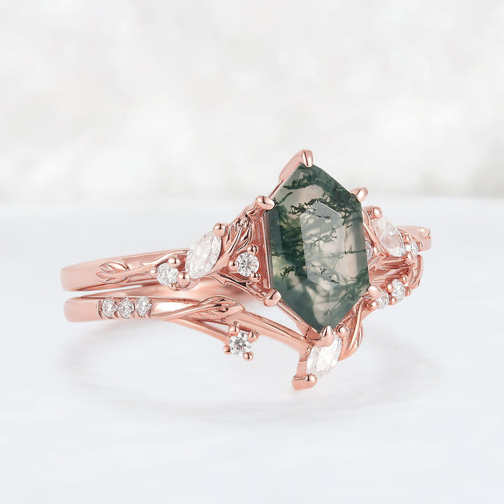 Nature Inspired Hexagon Cut Moss Agate Leaf Engagement Ring Set 2pcs-2