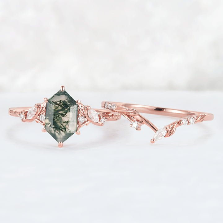 Nature Inspired Hexagon Cut Moss Agate Leaf Engagement Ring Set 2pcs-3