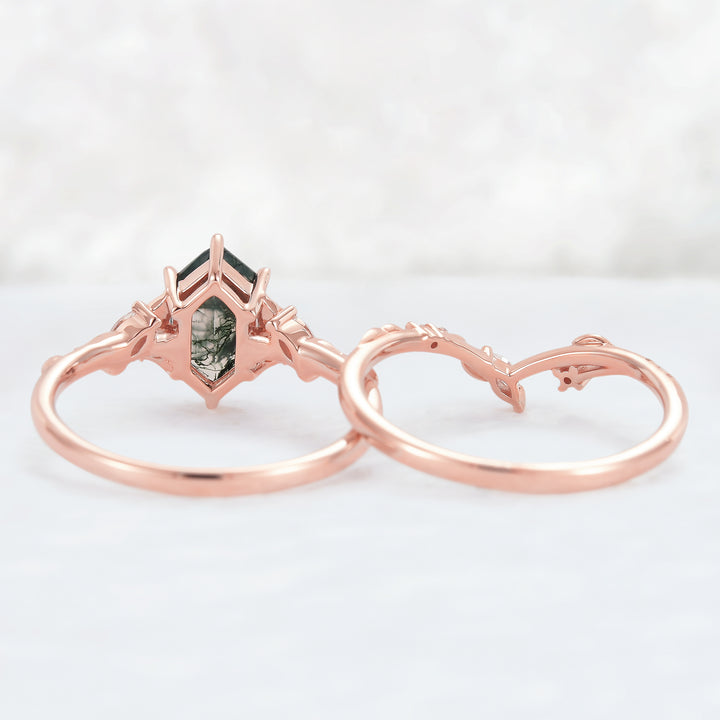 Nature Inspired Hexagon Cut Moss Agate Leaf Engagement Ring Set 2pcs-4