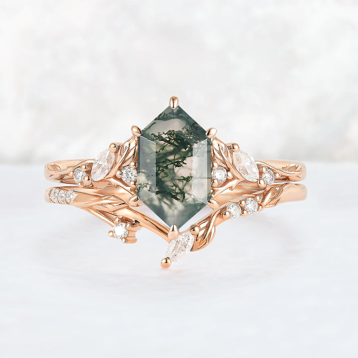 Nature Inspired Hexagon Cut Moss Agate Leaf Gemstone Ring Set 2pcs