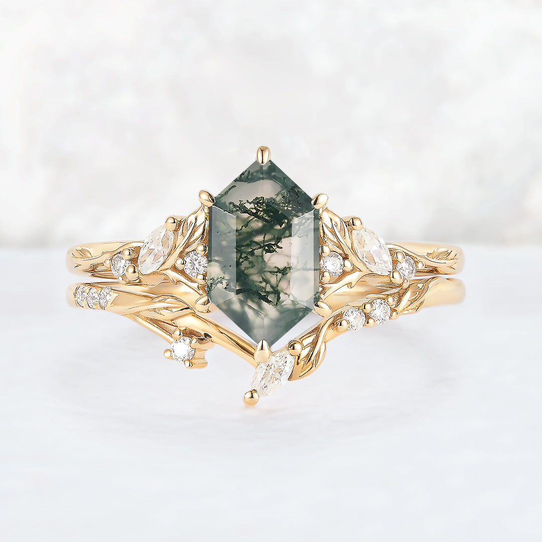 Nature Inspired Hexagon Cut Moss Agate Leaf Gemstone Ring Set 2pcs