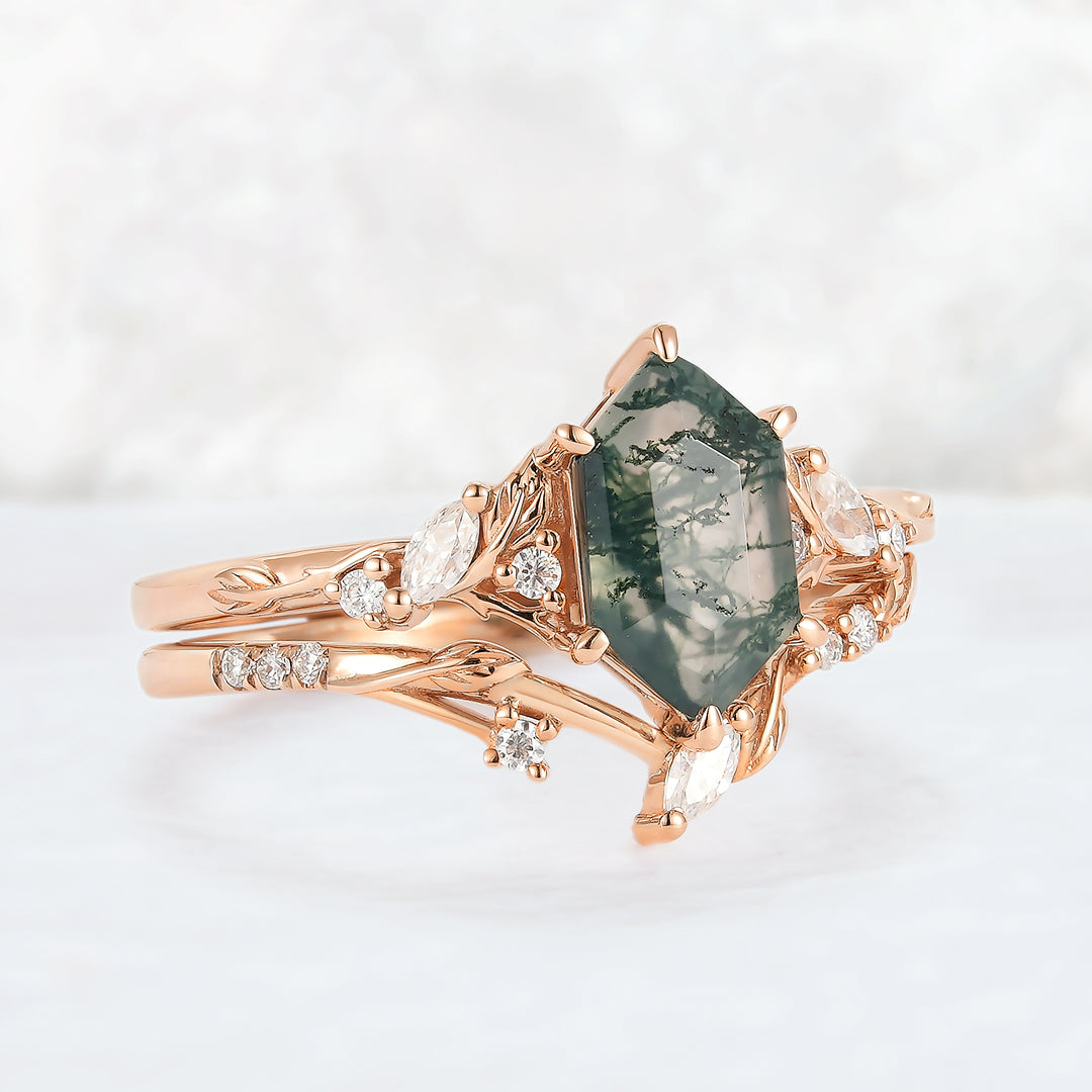 Nature Inspired Hexagon Cut Moss Agate Leaf Gemstone Ring Set 2pcs