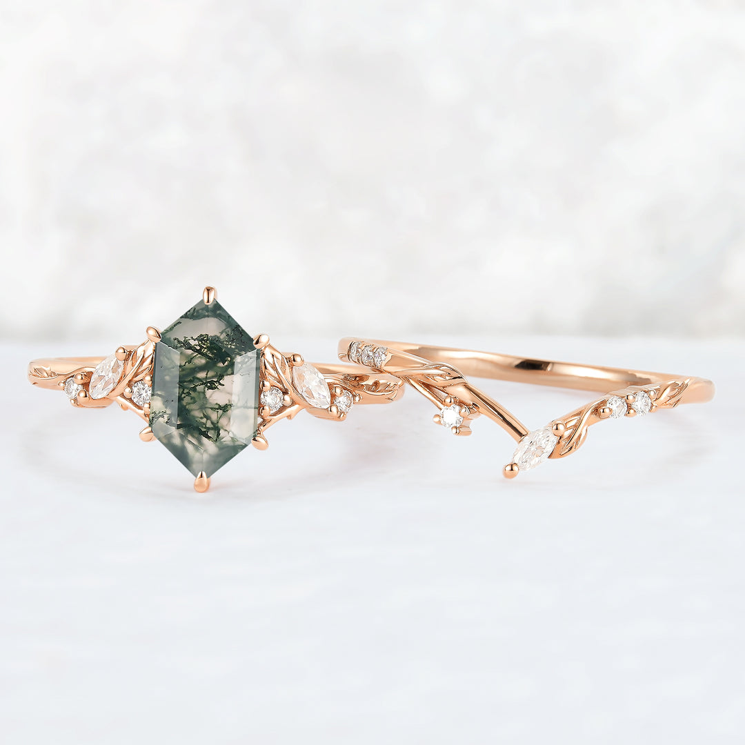 Nature Inspired Hexagon Cut Moss Agate Leaf Gemstone Ring Set 2pcs