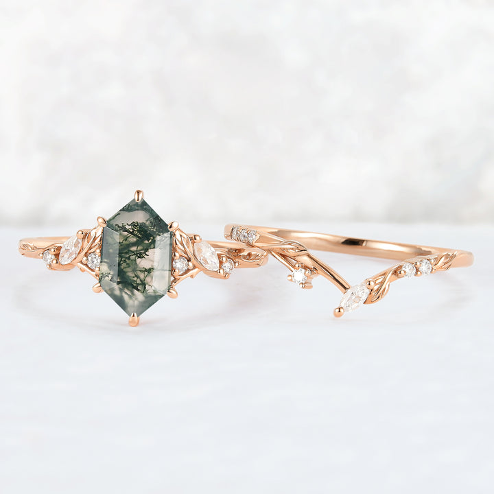 Nature Inspired Hexagon Cut Moss Agate Leaf Gemstone Ring Set 2pcs