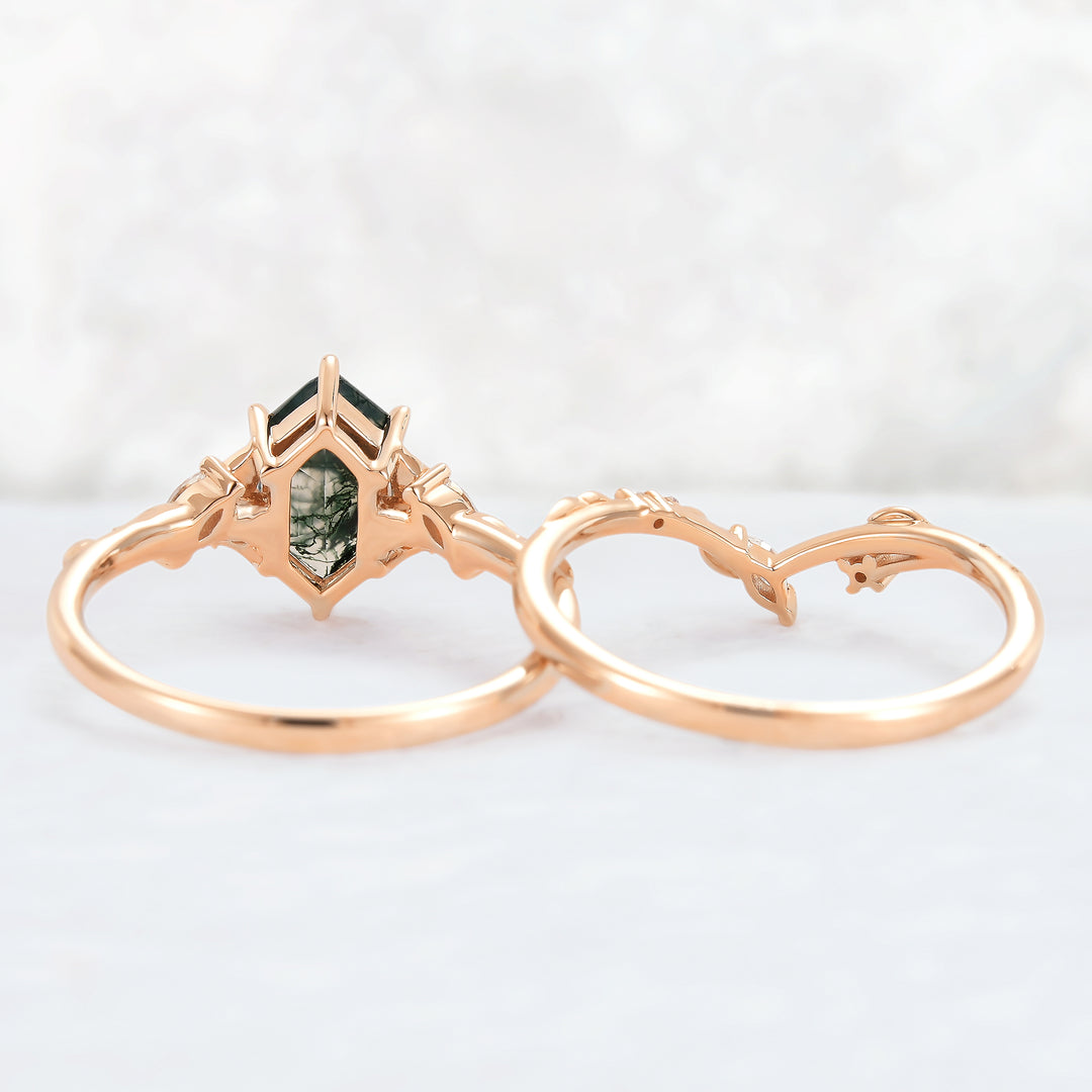 Nature Inspired Hexagon Cut Moss Agate Leaf Gemstone Ring Set 2pcs