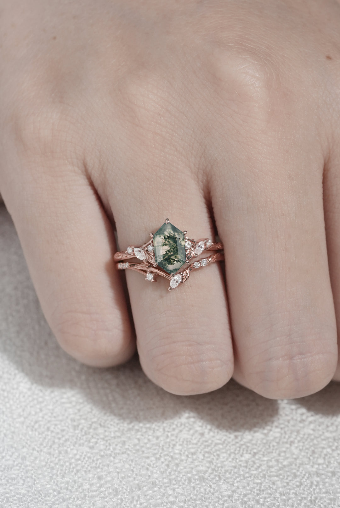 Nature Inspired Hexagon Cut Moss Agate Leaf Gemstone Ring Set 2pcs