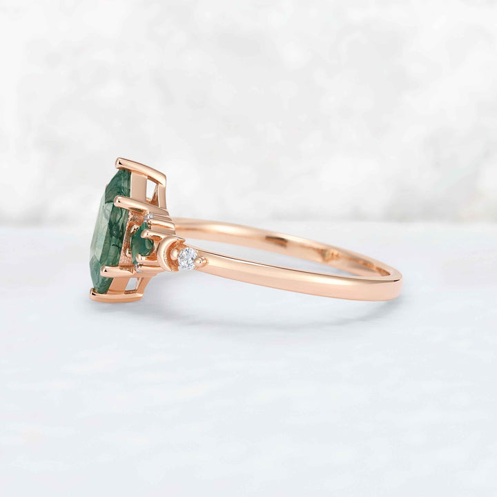 Moon Inspired Hexagon Cut Moss Agate Engagement Ring