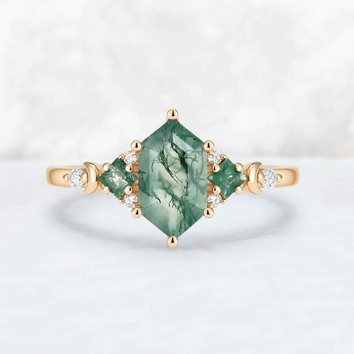 Moon Inspired Hexagon Cut Moss Agate Engagement Ring