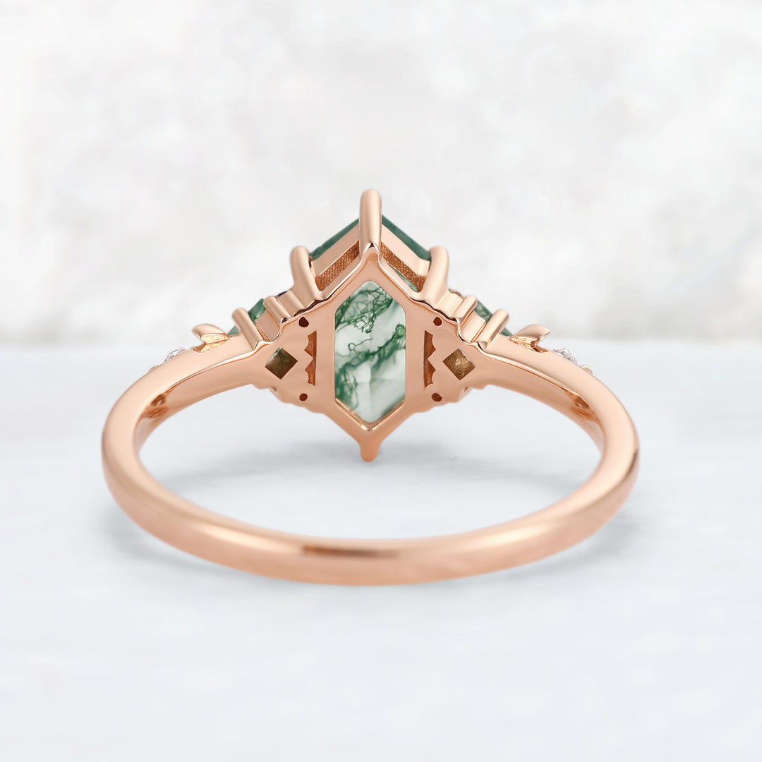 Moon Inspired Hexagon Cut Moss Agate Engagement Ring