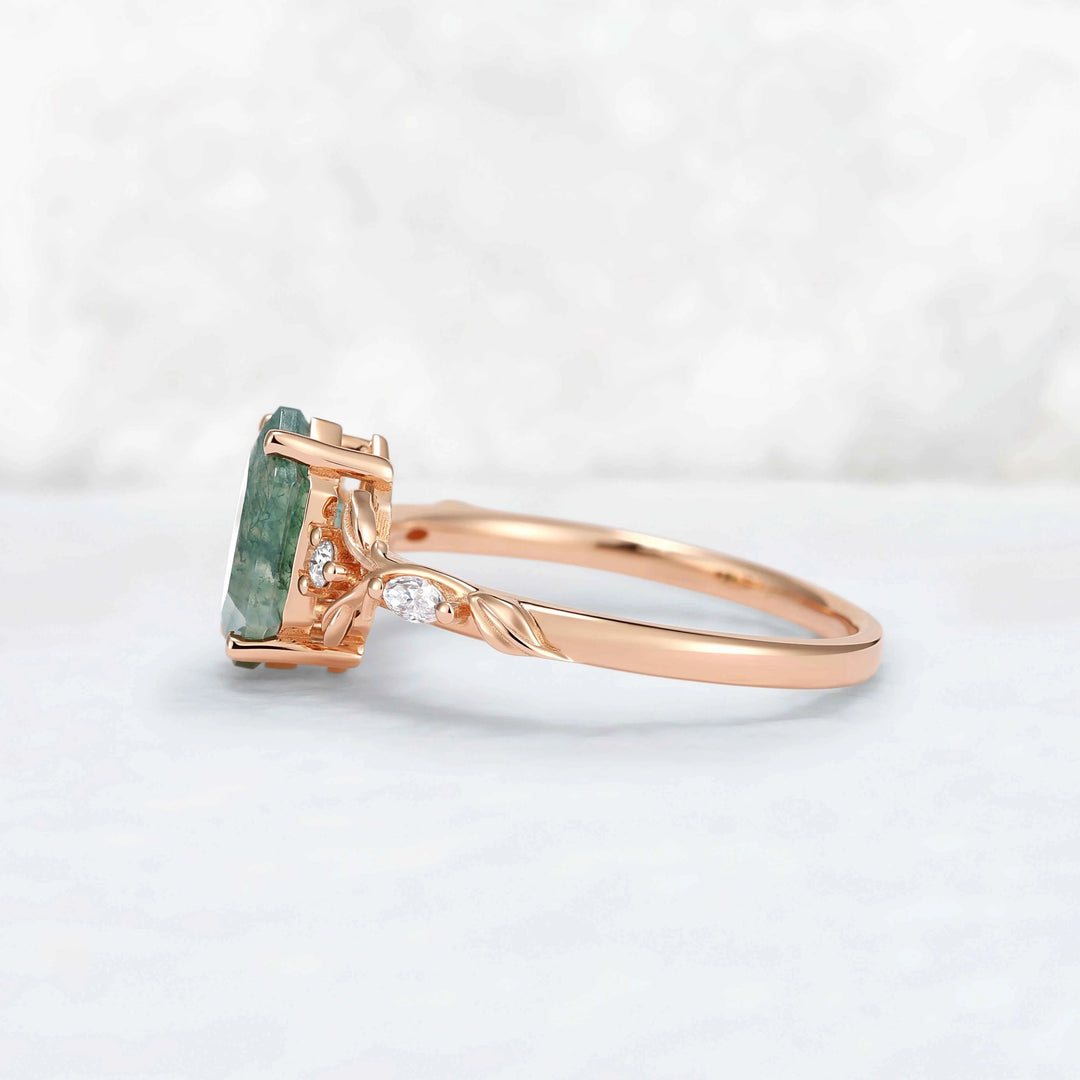 Nature Inspired Hexagon Cut Moss Agate Vine & Leafy Engagement Ring
