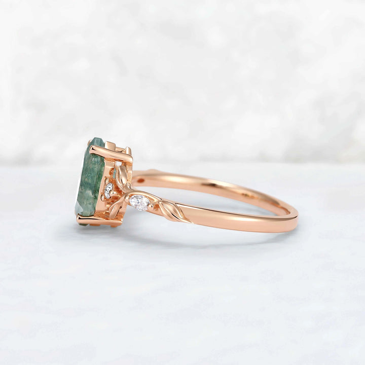 Nature Inspired Hexagon Cut Moss Agate Vine & Leafy Engagement Ring