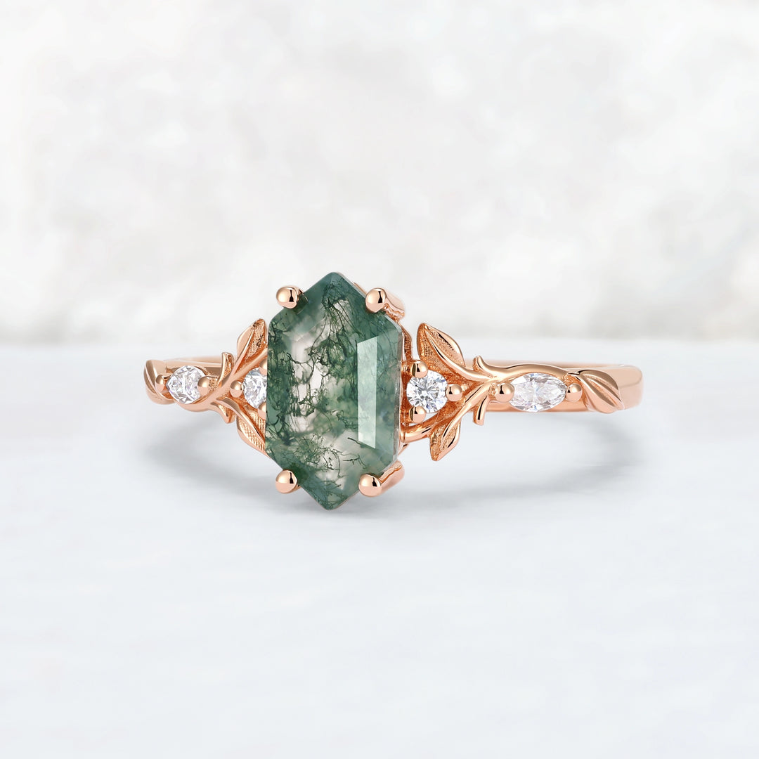 Nature Inspired Hexagon Cut Moss Agate Vine & Leafy Engagement Ring