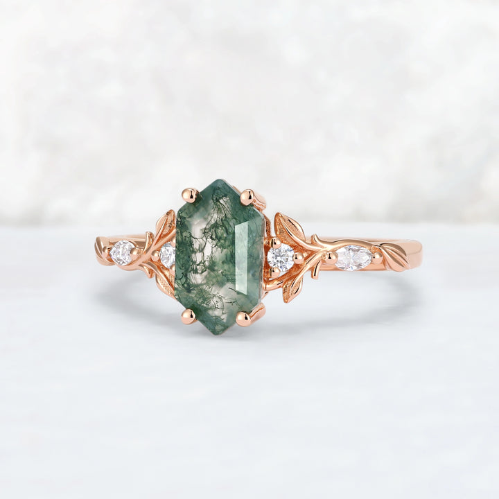 Nature Inspired Hexagon Cut Moss Agate Vine & Leafy Engagement Ring