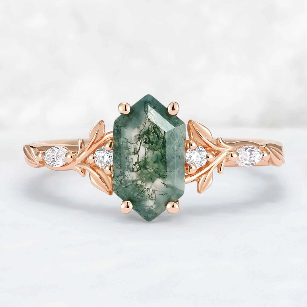Nature Inspired Hexagon Cut Moss Agate Vine & Leafy Engagement Ring