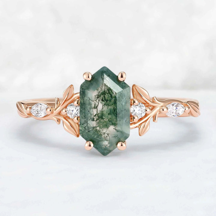 Nature Inspired Hexagon Cut Moss Agate Vine & Leafy Engagement Ring