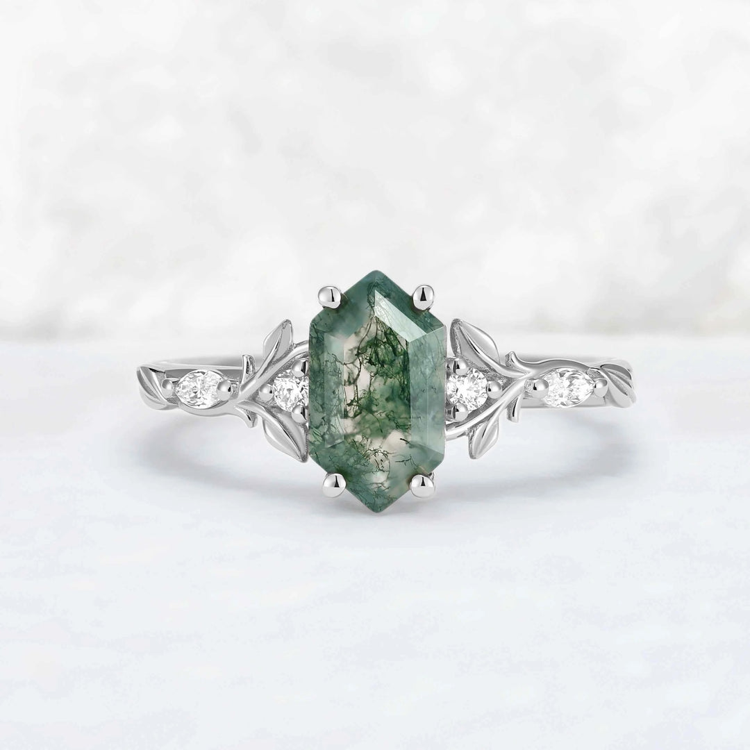 Nature Inspired Hexagon Cut Moss Agate Vine & Leafy Engagement Ring