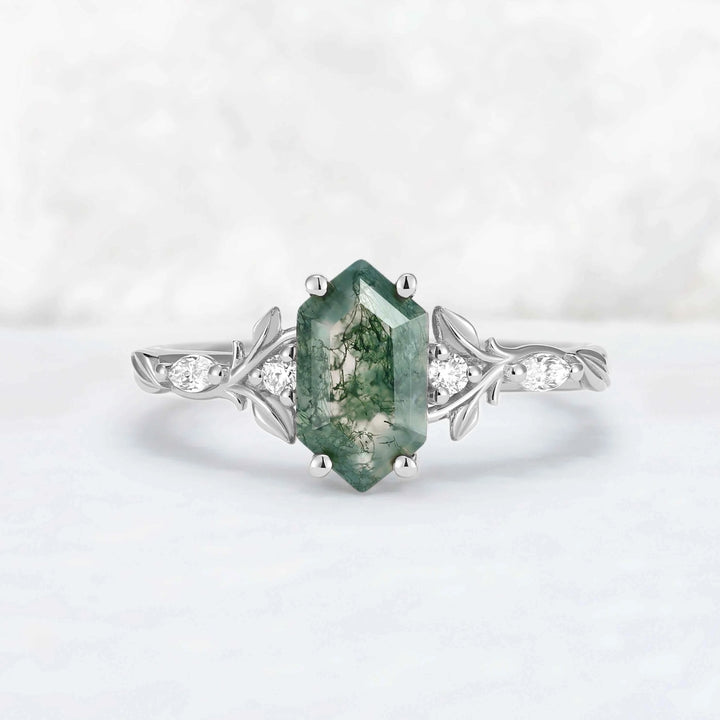 Nature Inspired Hexagon Cut Moss Agate Vine & Leafy Engagement Ring