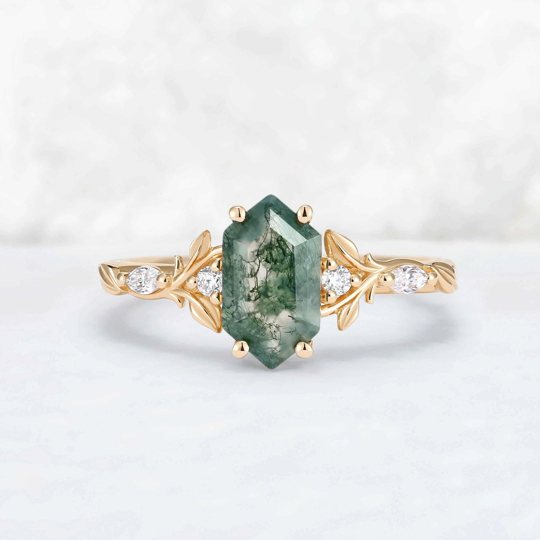 Nature Inspired Hexagon Cut Moss Agate Vine & Leafy Engagement Ring