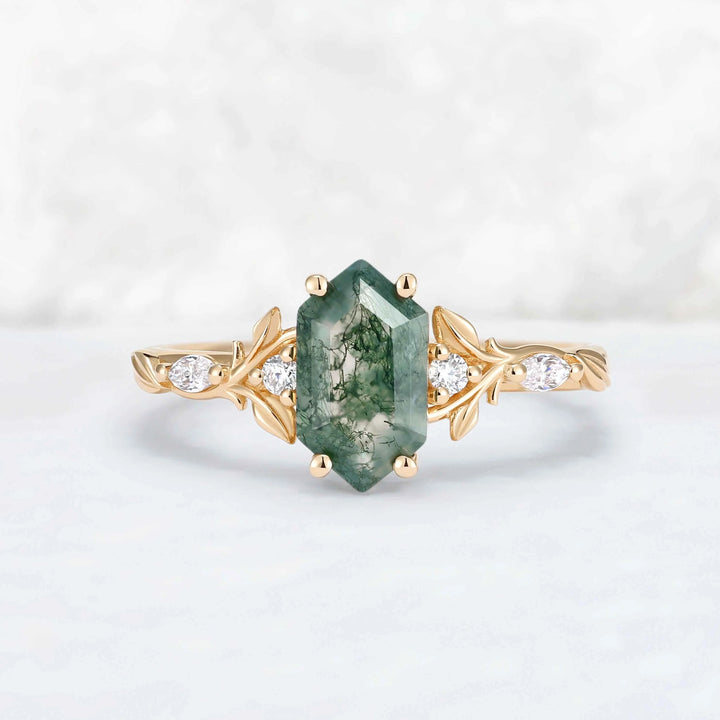 Nature Inspired Hexagon Cut Moss Agate Vine & Leafy Engagement Ring