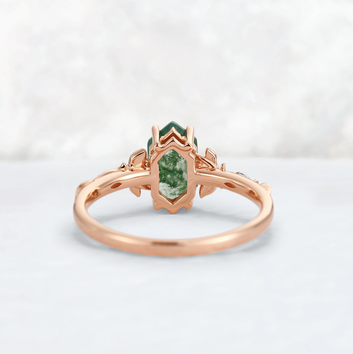 Nature Inspired Hexagon Cut Moss Agate Vine & Leafy Engagement Ring