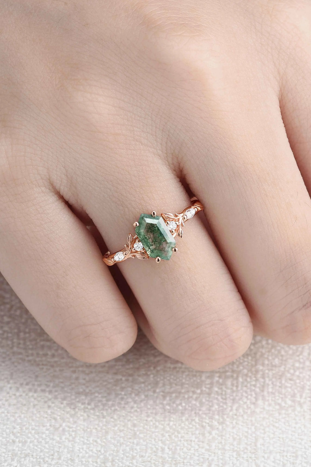 Nature Inspired Hexagon Cut Moss Agate Vine & Leafy Engagement Ring