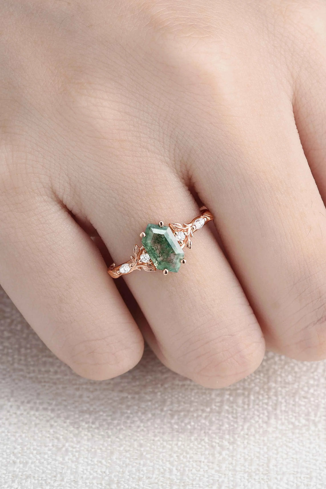 Nature Inspired Hexagon Cut Moss Agate Vine & Leafy Engagement Ring