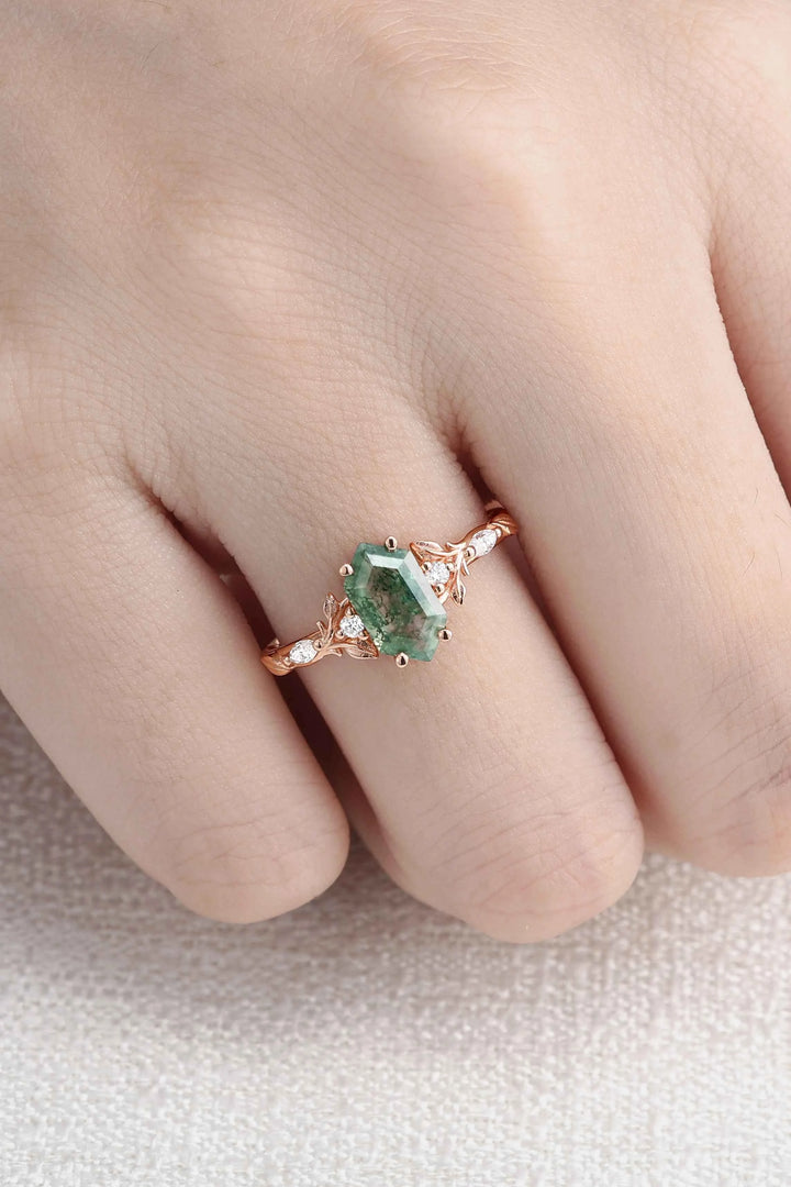 Nature Inspired Hexagon Cut Moss Agate Vine & Leafy Engagement Ring
