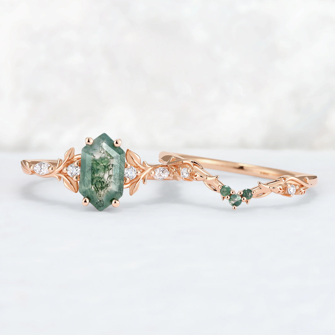 Nature Inspired Hexagon Cut Moss Agate Vine & Leafy Engagement Ring Set 2pcs