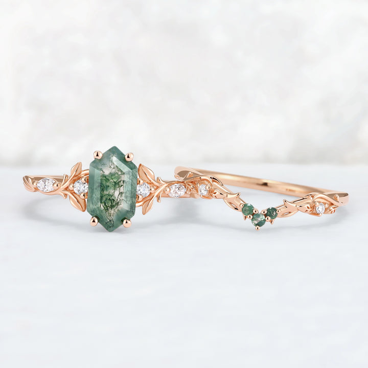 Nature Inspired Hexagon Cut Moss Agate Vine & Leafy Engagement Ring Set 2pcs