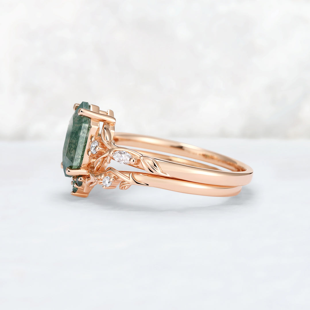 Nature Inspired Hexagon Cut Moss Agate Vine & Leafy Engagement Ring Set 2pcs