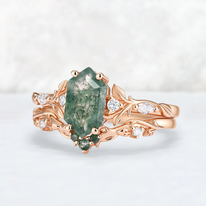 Nature Inspired Hexagon Cut Moss Agate Vine & Leafy Engagement Ring Set 2pcs