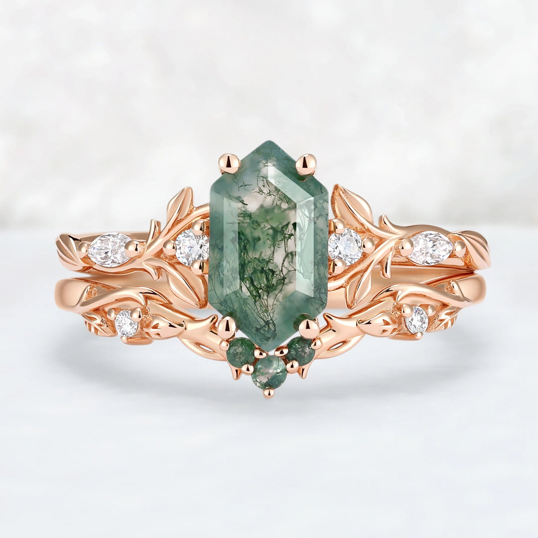 Nature Inspired Hexagon Cut Moss Agate Vine & Leafy Engagement Ring Set 2pcs