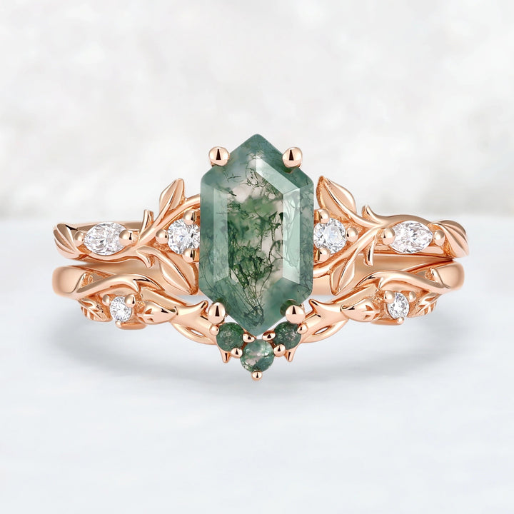 Nature Inspired Hexagon Cut Moss Agate Vine & Leafy Engagement Ring Set 2pcs