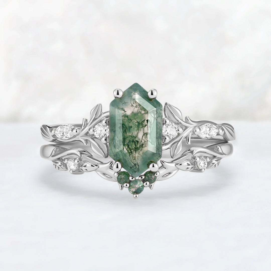 Nature Inspired Hexagon Cut Moss Agate Vine & Leafy Engagement Ring Set 2pcs