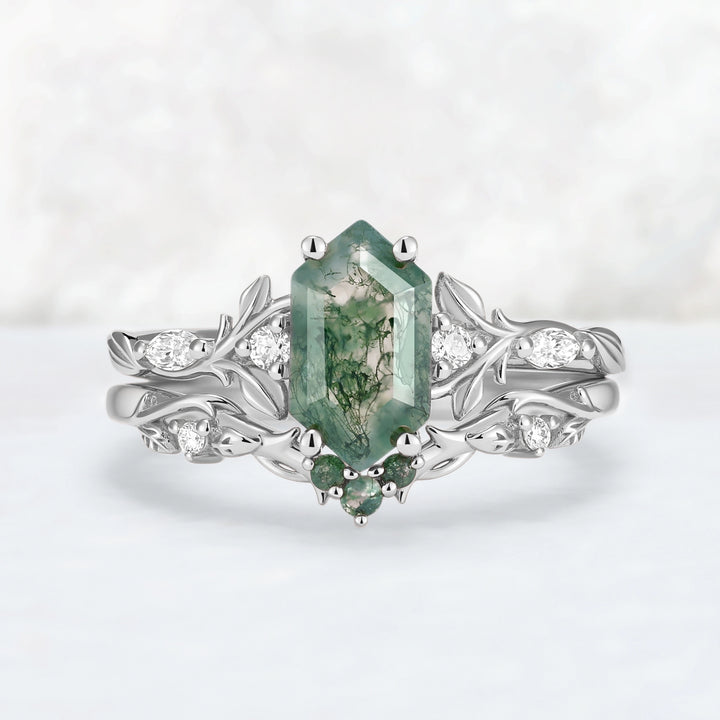 Nature Inspired Hexagon Cut Moss Agate Vine & Leafy Engagement Ring Set 2pcs
