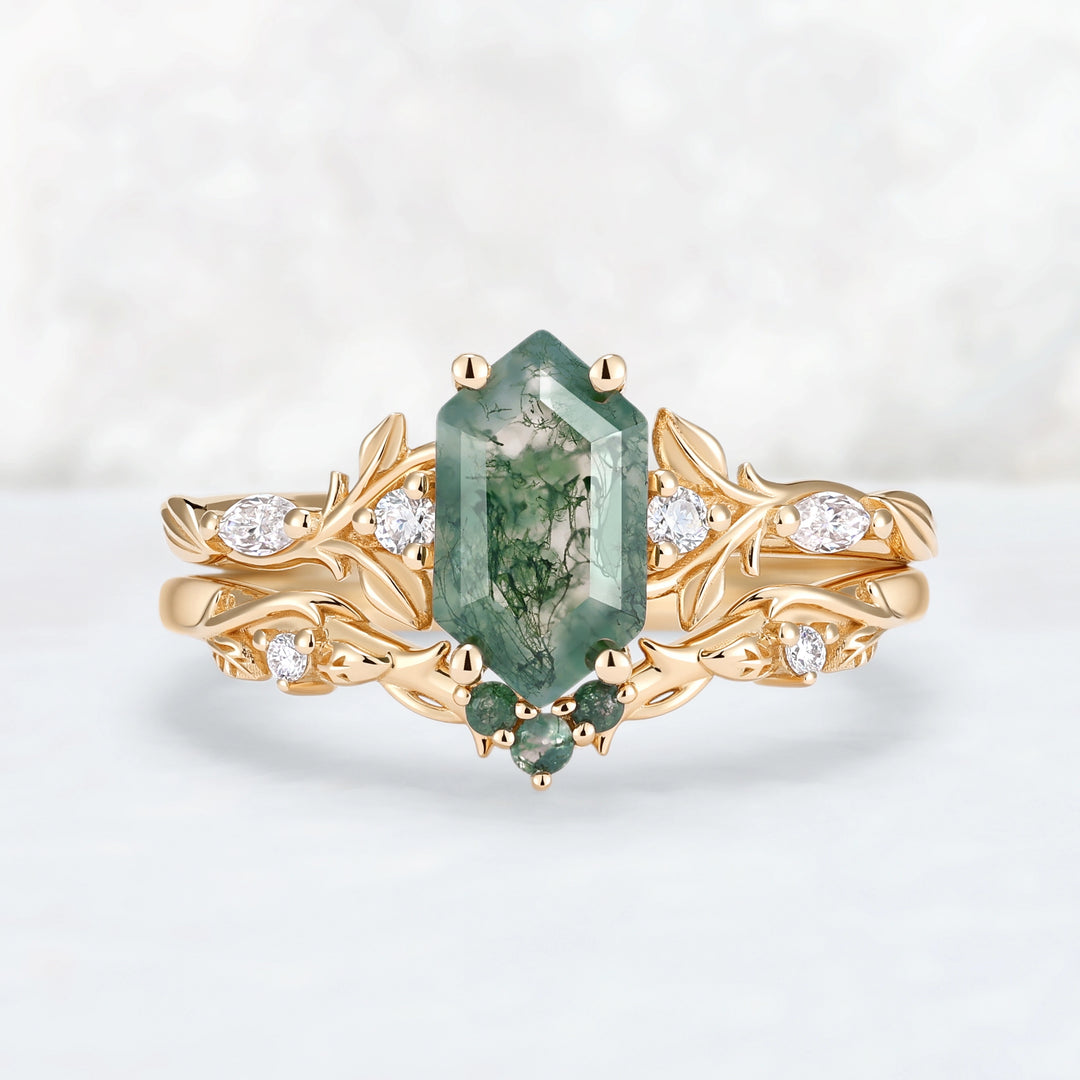Nature Inspired Hexagon Cut Moss Agate Vine & Leafy Engagement Ring Set 2pcs