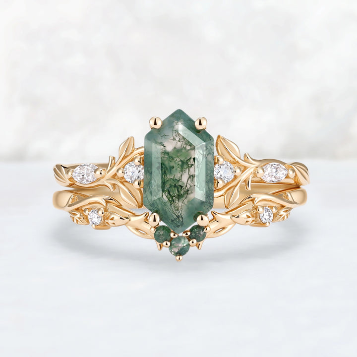 Nature Inspired Hexagon Cut Moss Agate Vine & Leafy Engagement Ring Set 2pcs