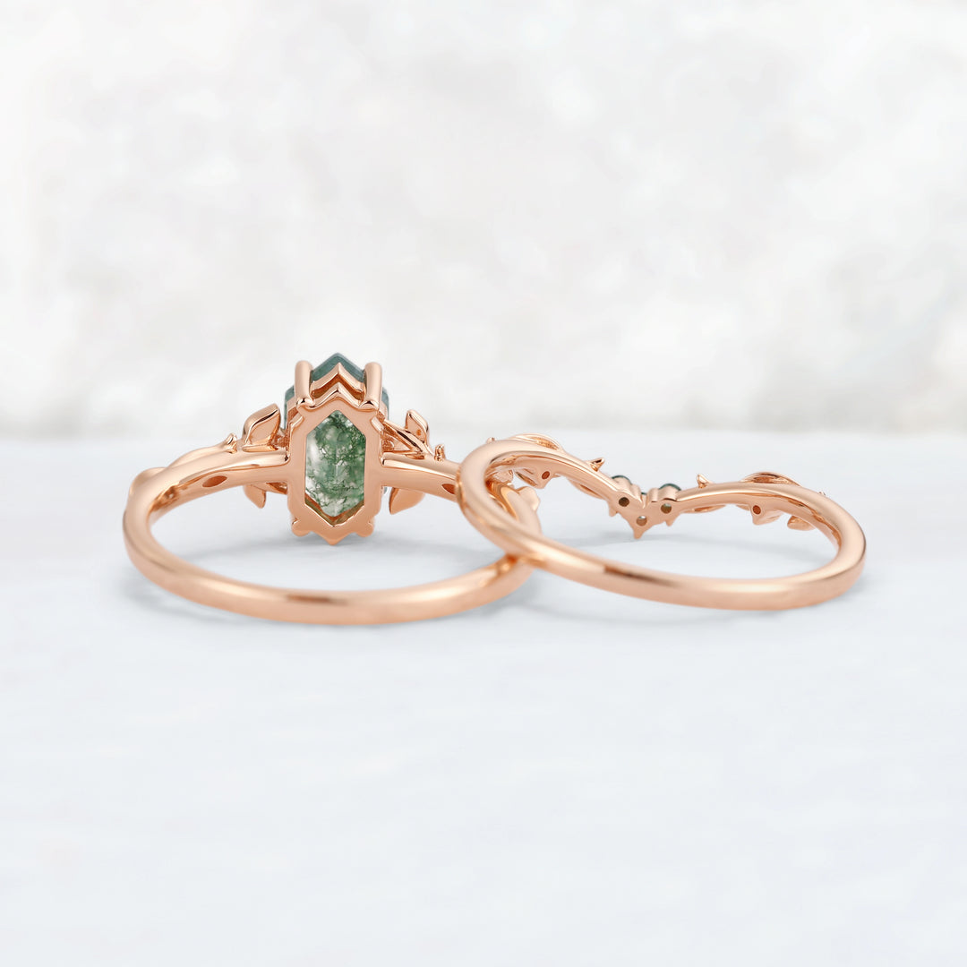 Nature Inspired Hexagon Cut Moss Agate Vine & Leafy Engagement Ring Set 2pcs
