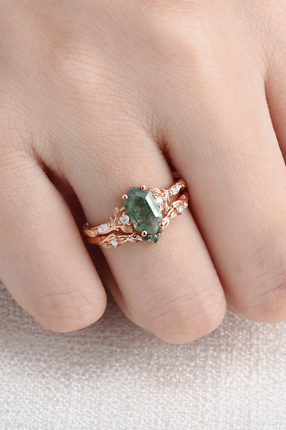 Nature Inspired Hexagon Cut Moss Agate Vine & Leafy Engagement Ring Set 2pcs