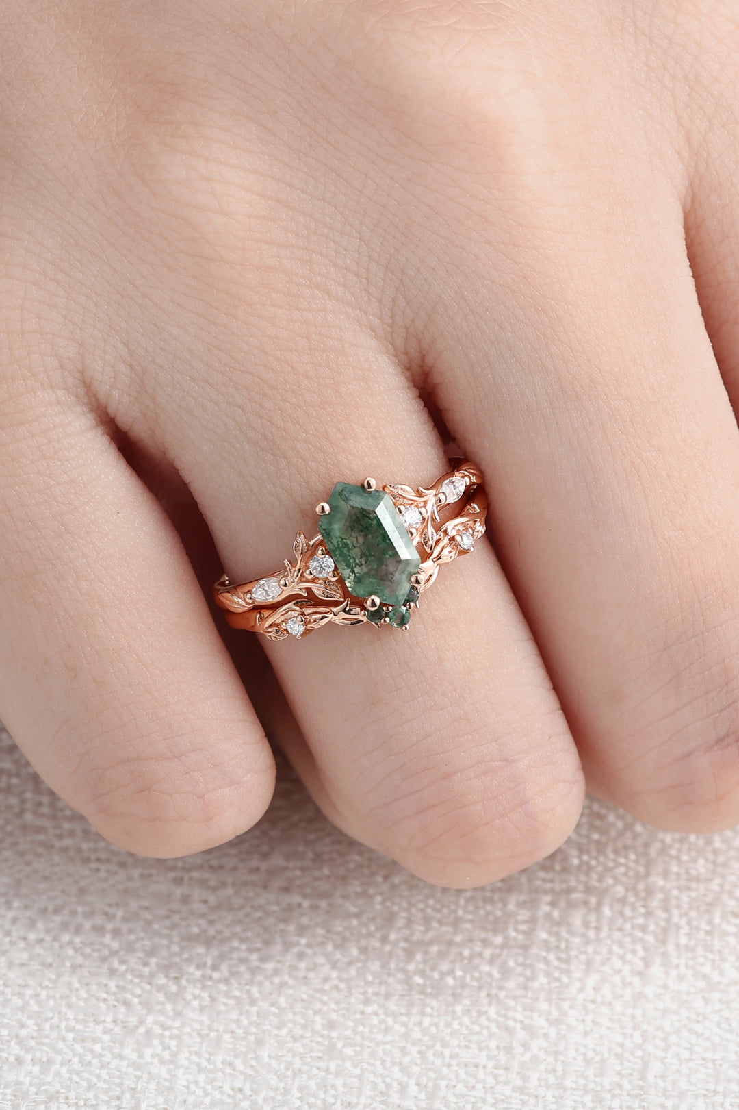 Nature Inspired Hexagon Cut Moss Agate Vine & Leafy Engagement Ring Set 2pcs