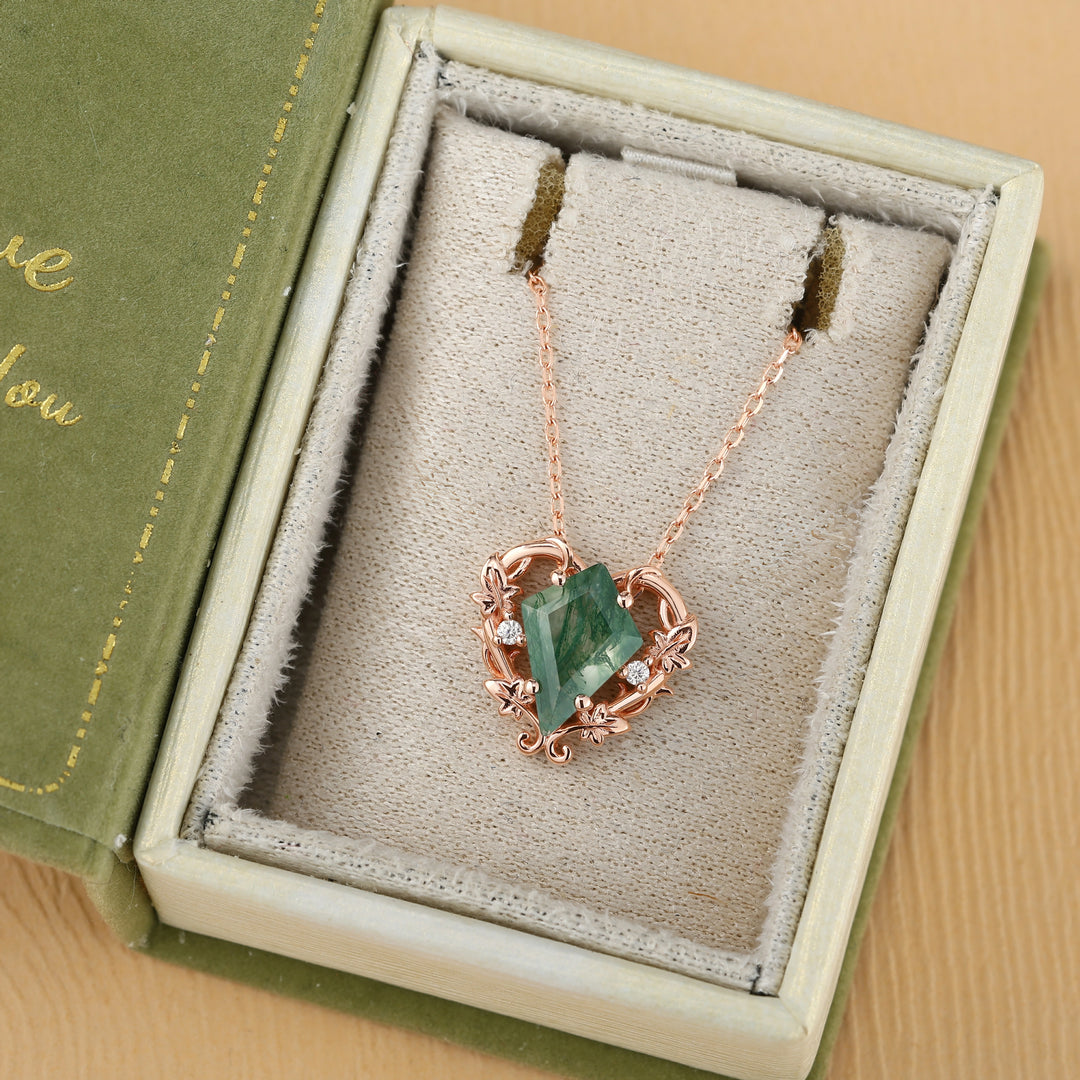 Nature Inspired Ivy Vine Moss Agate Heart Pendant Necklace